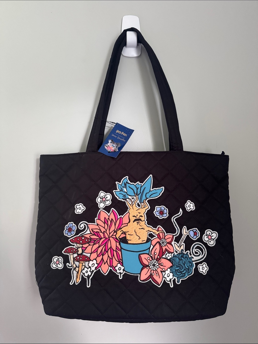 Vera Bradley Black Quilted Tote with Colorful Botanical Patch
